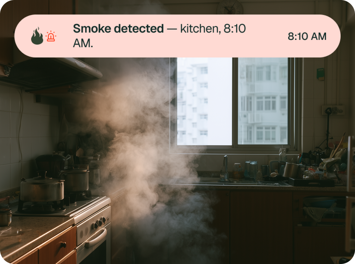 Smoke detected — kitchen, 8:10 AM.