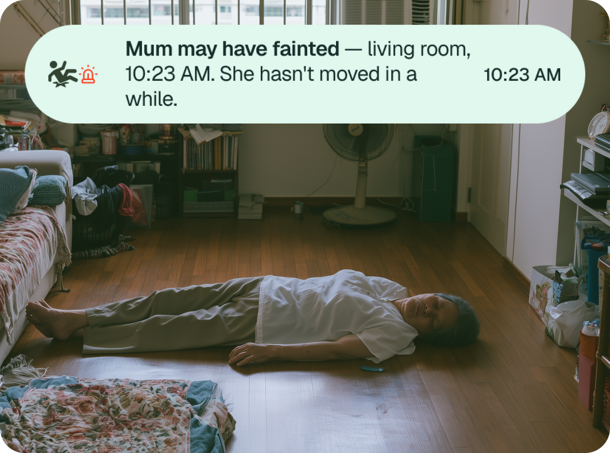 Mum may have fainted — living room, 10:23 AM. She hasn't moved in a while.