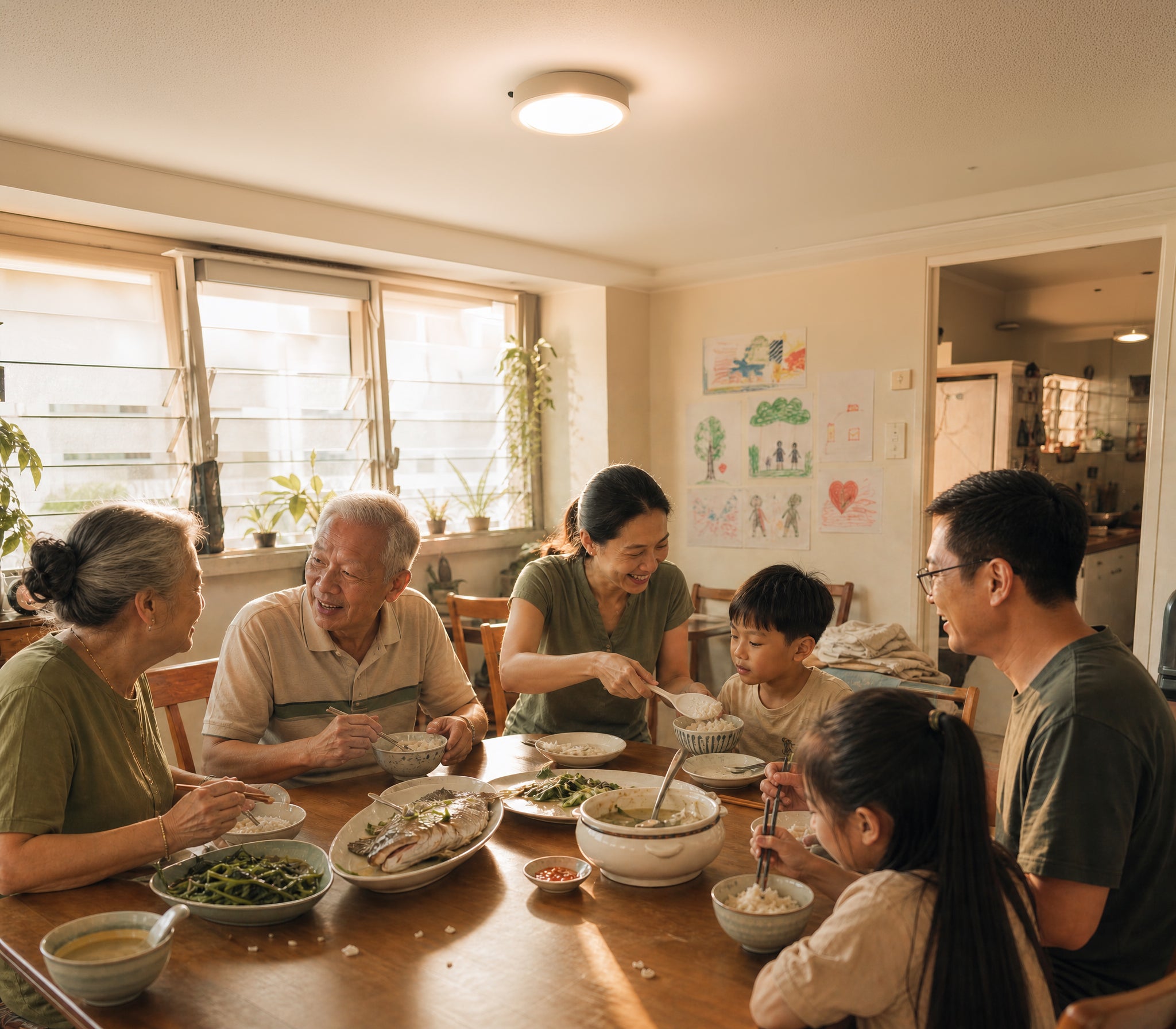 Family sharing a meal at home — peace of mind with ELLO