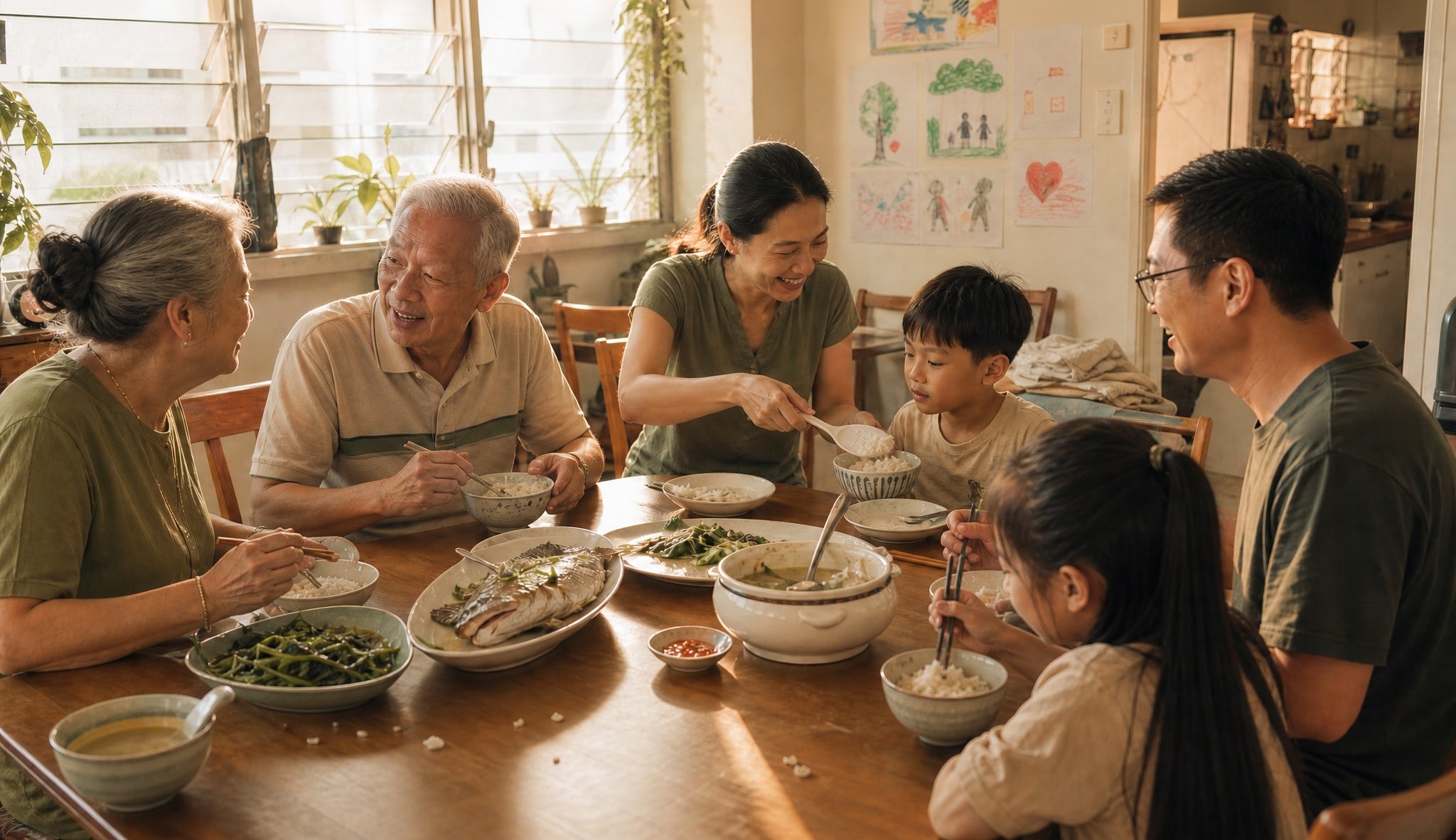 Family sharing a meal at home — peace of mind with ELLO