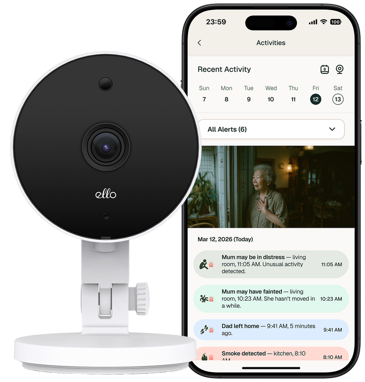 ELLO camera next to the ELLO app showing recent activity alerts