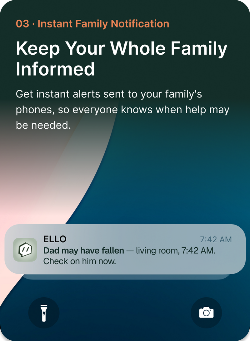 Instant Family Notification: Keep your whole family informed. Get instant alerts sent to your family's phones, so everyone knows when help may be needed.